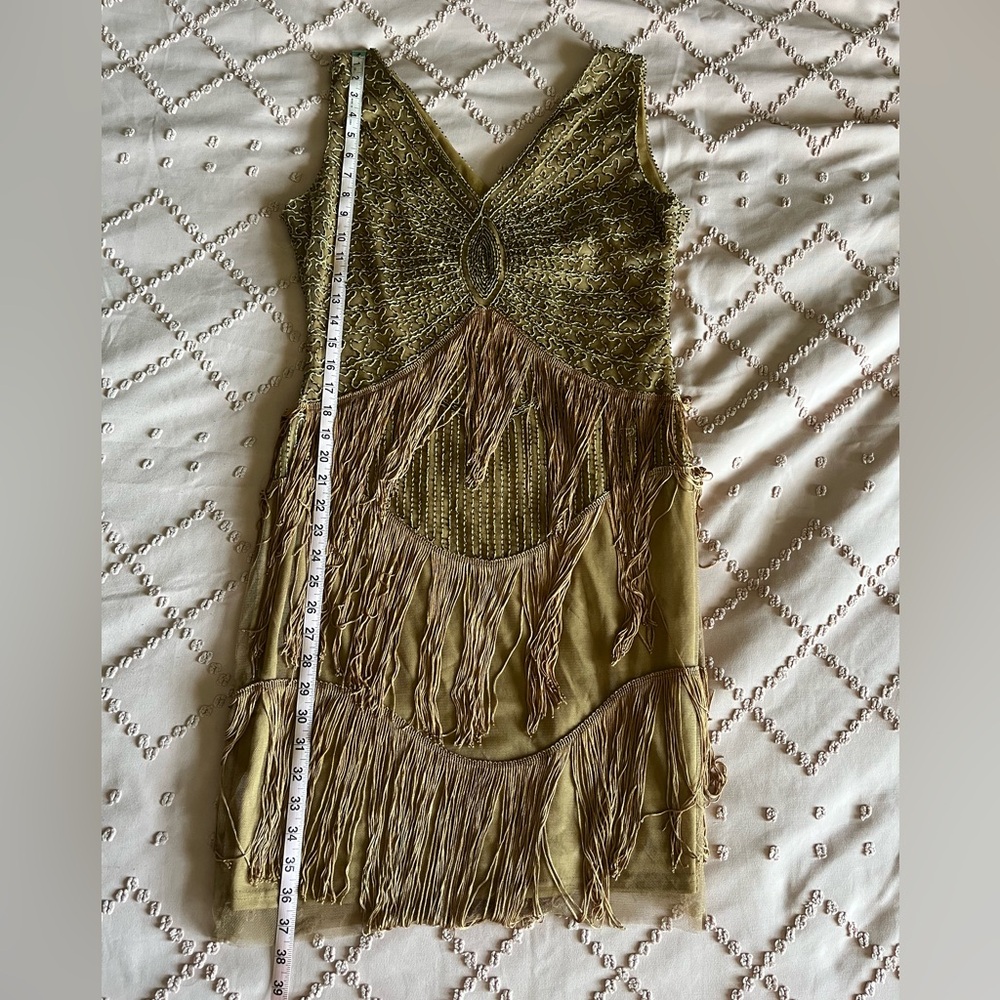 1920s Style Antique Gold Beaded Renee Fringe Cocktail Dress - Picture 9 of 10